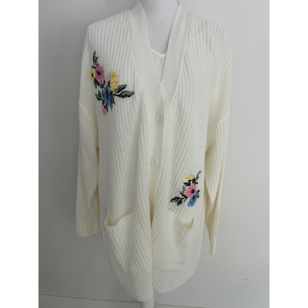 Woman Within White Floral Embroidered Cardigan Sweater Plus Size 2X 26/28